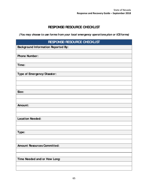 Response / Resource Checklist - Nevada Download Pdf