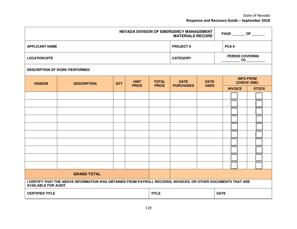 Materials Record Form - Nevada, Page 1