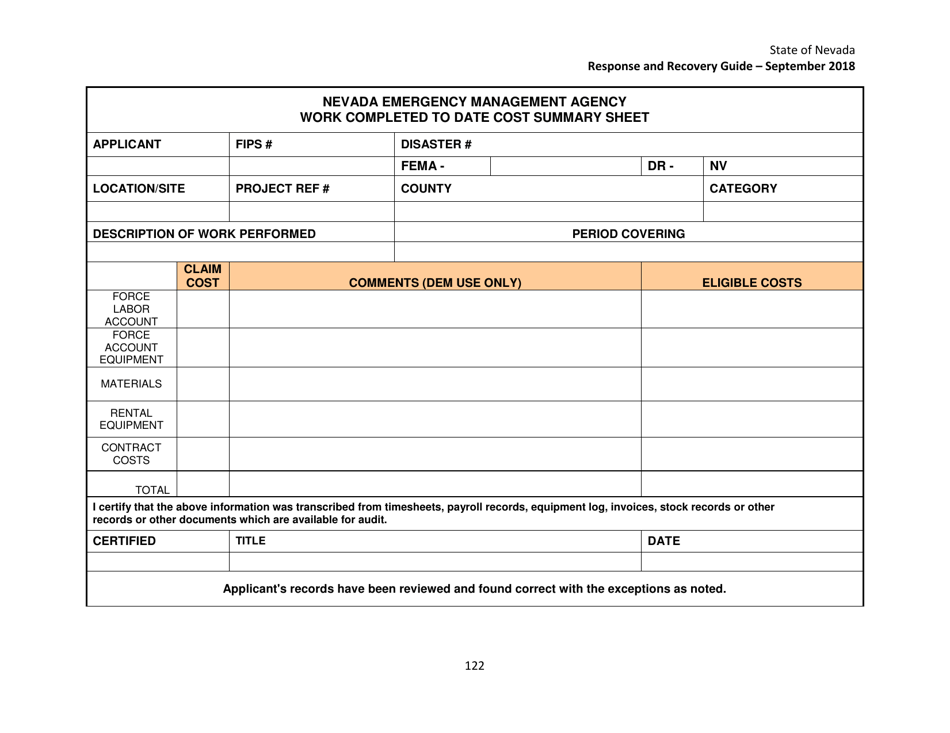 Work Completed to Date Cost Summary Sheet - Nevada, Page 1
