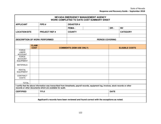 Work Completed to Date Cost Summary Sheet - Nevada
