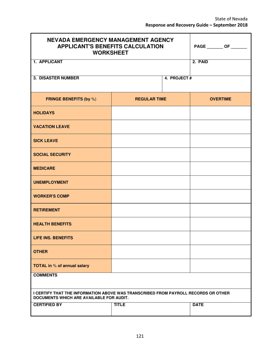 Applicants Benefits Calculation Worksheet - Nevada, Page 1