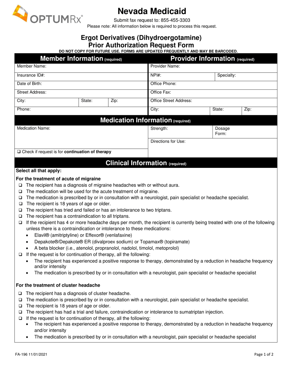 Form FA-196 Ergot Derivatives (Dihydroergotamine) Prior Authorization Request Form - Nevada, Page 1