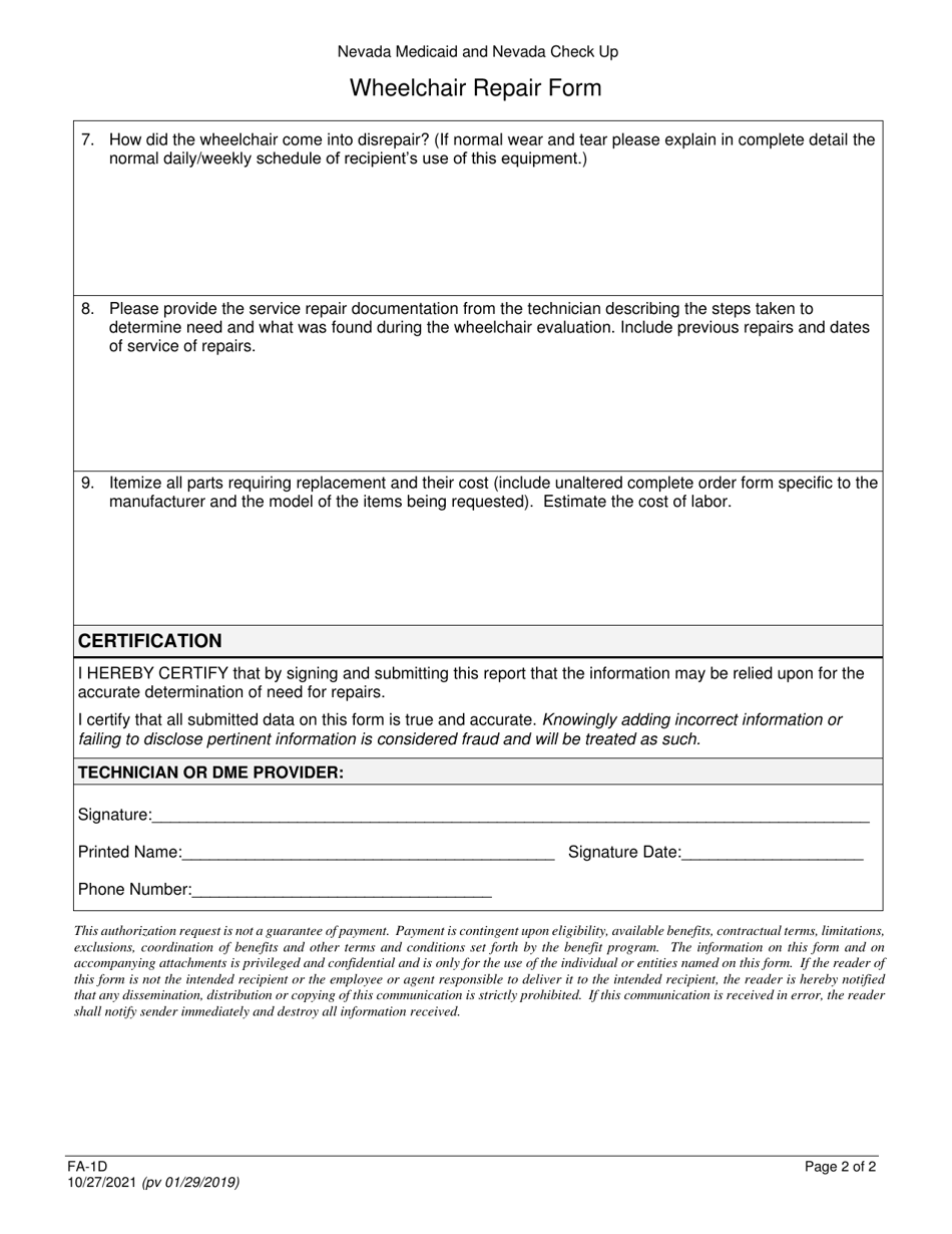 Form FA-1D Wheelchair Repair Form - Nevada, Page 2