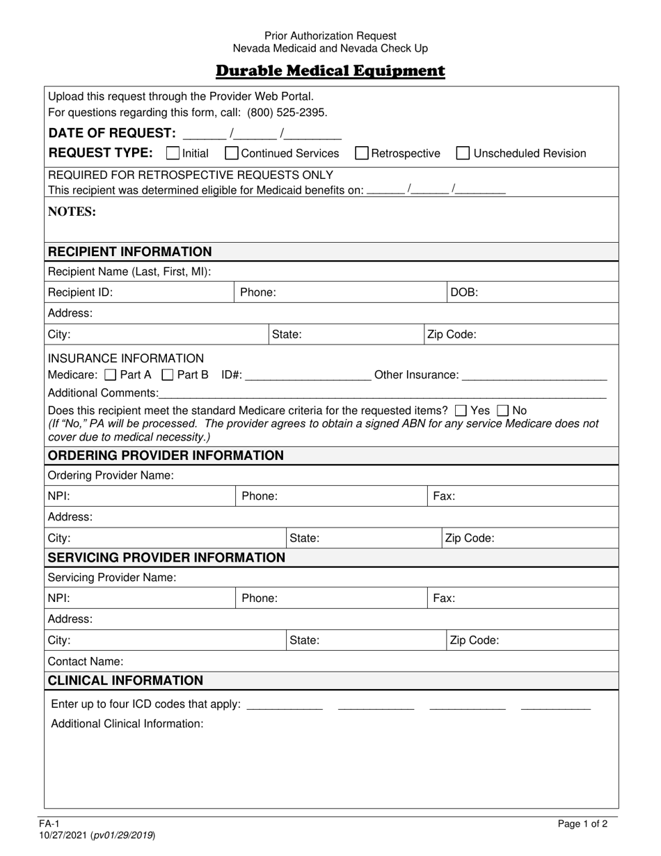Form FA-1 Durable Medical Equipment Prior Authorization Request - Nevada, Page 1