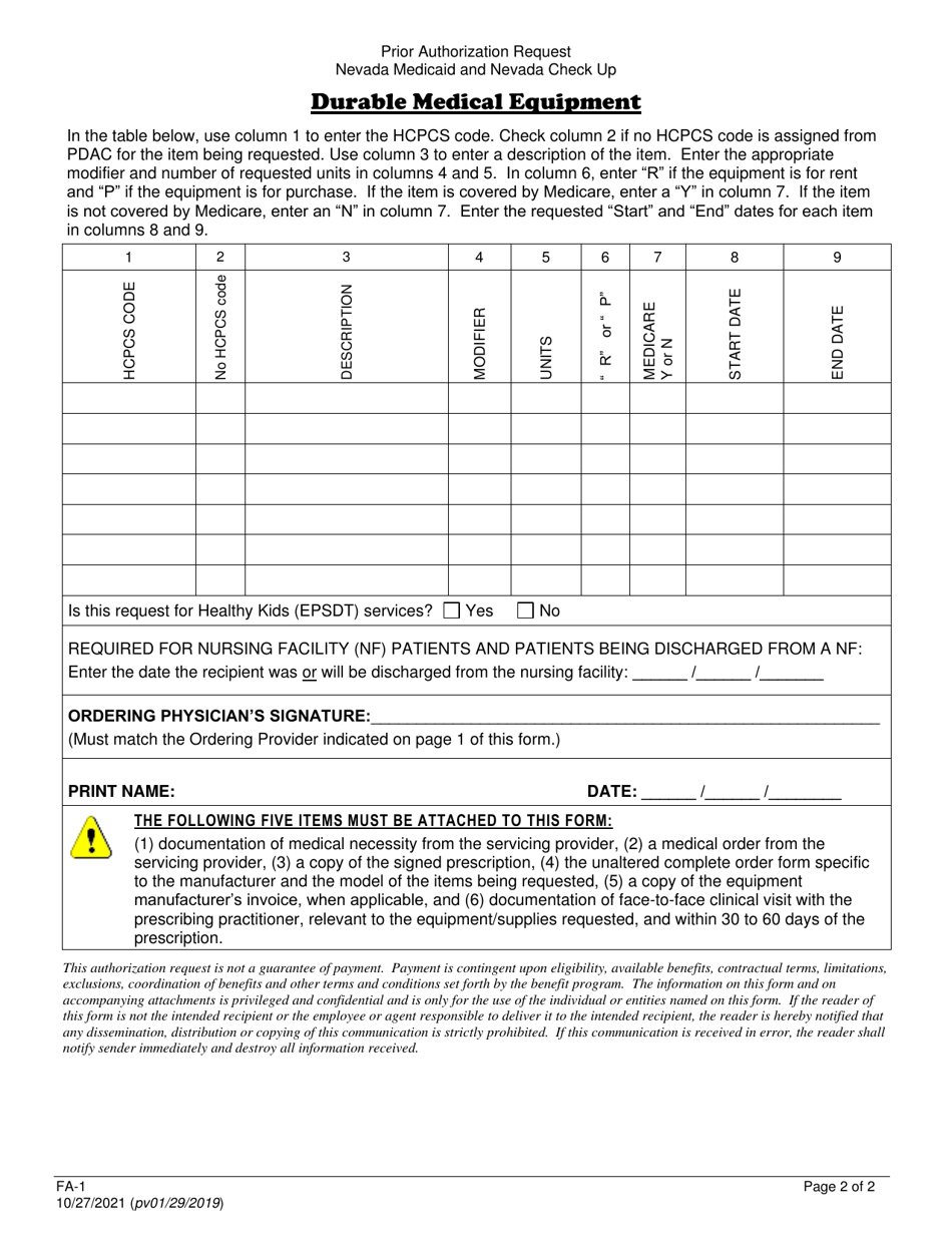 Form FA-1 Durable Medical Equipment Prior Authorization Request - Nevada, Page 2