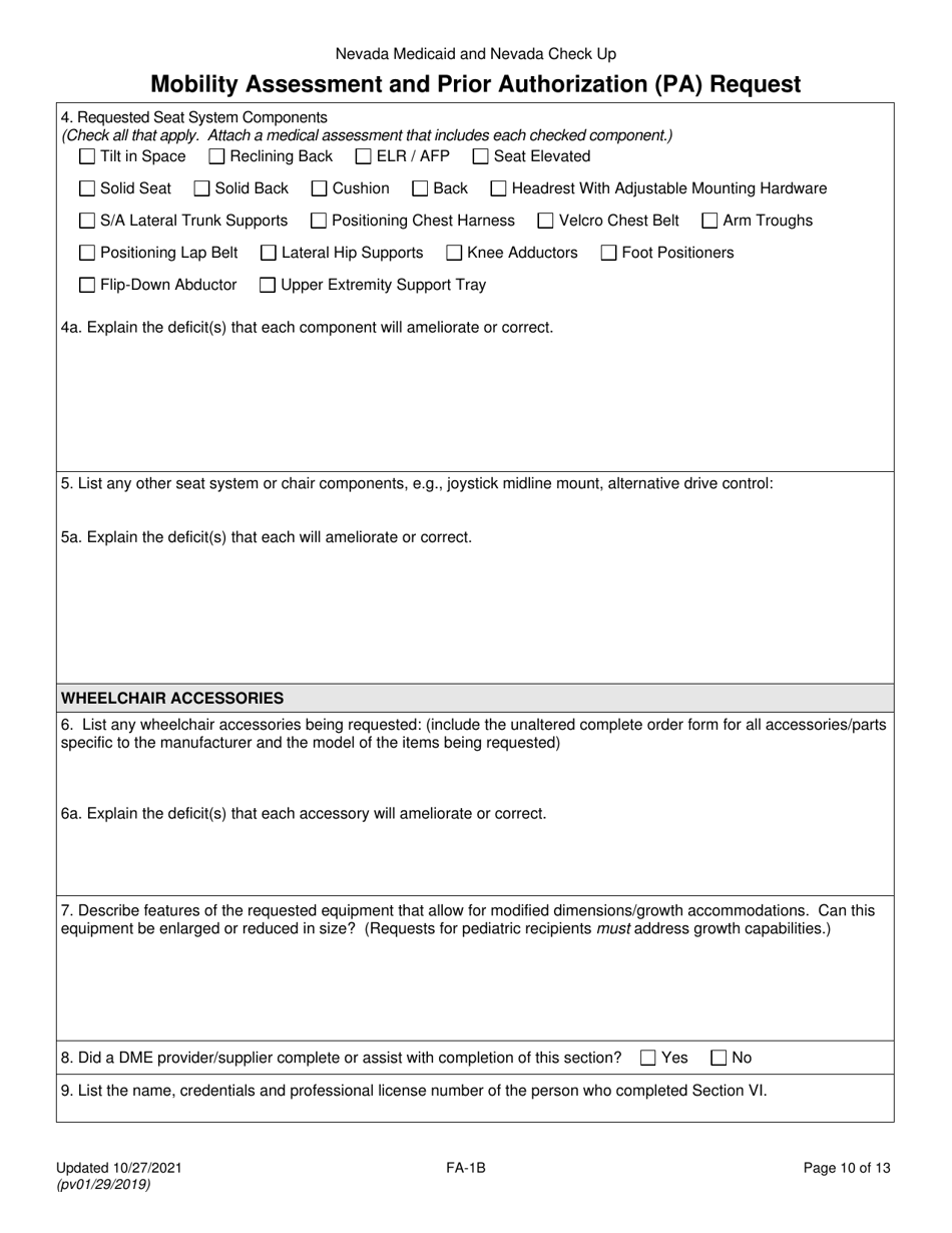 Form FA-1B Mobility Assessment and Prior Authorization (Pa) Request for Mobility Devices, Wheelchair Accessories and Seating Systems - Nevada, Page 10