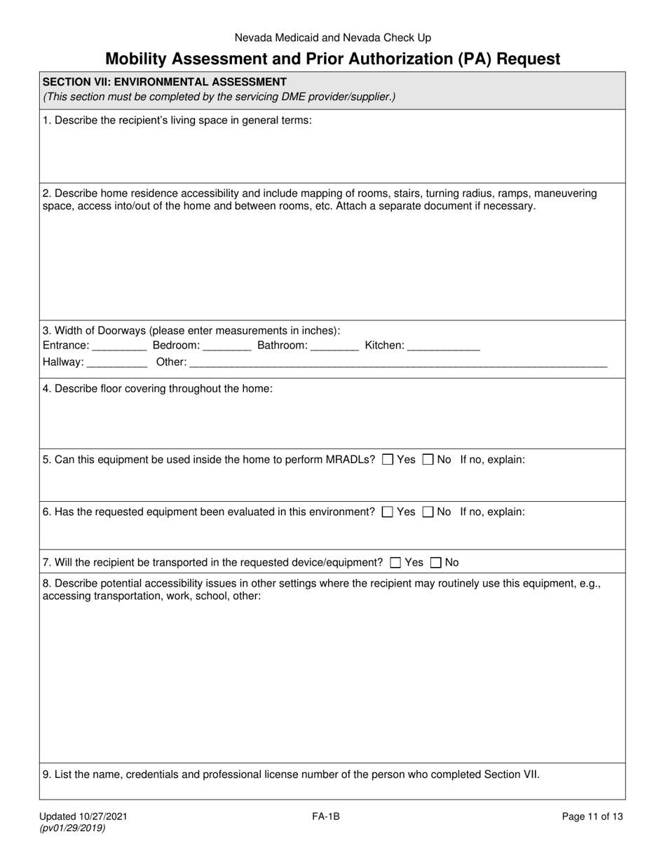 Form FA-1B Mobility Assessment and Prior Authorization (Pa) Request for Mobility Devices, Wheelchair Accessories and Seating Systems - Nevada, Page 11