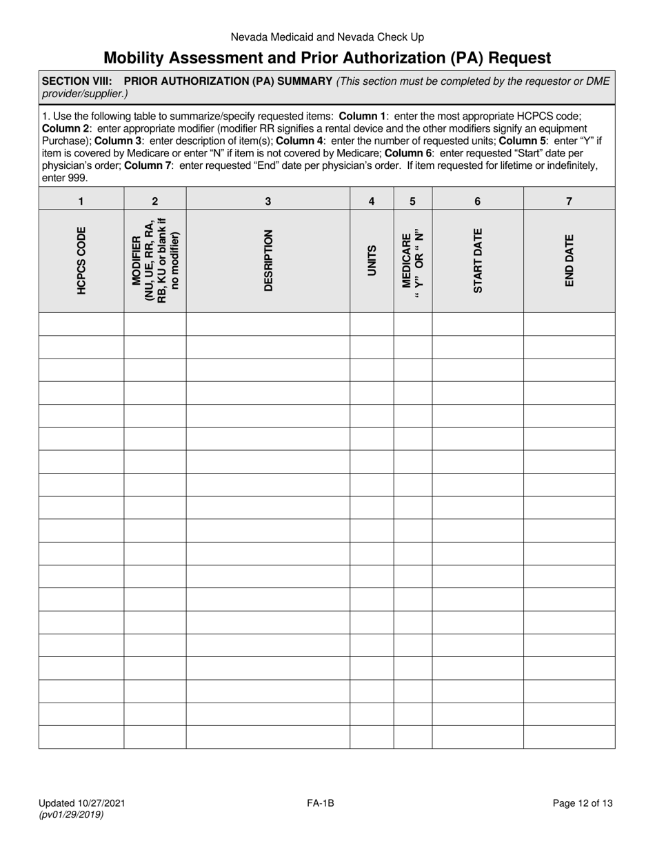 Form FA-1B Mobility Assessment and Prior Authorization (Pa) Request for Mobility Devices, Wheelchair Accessories and Seating Systems - Nevada, Page 12