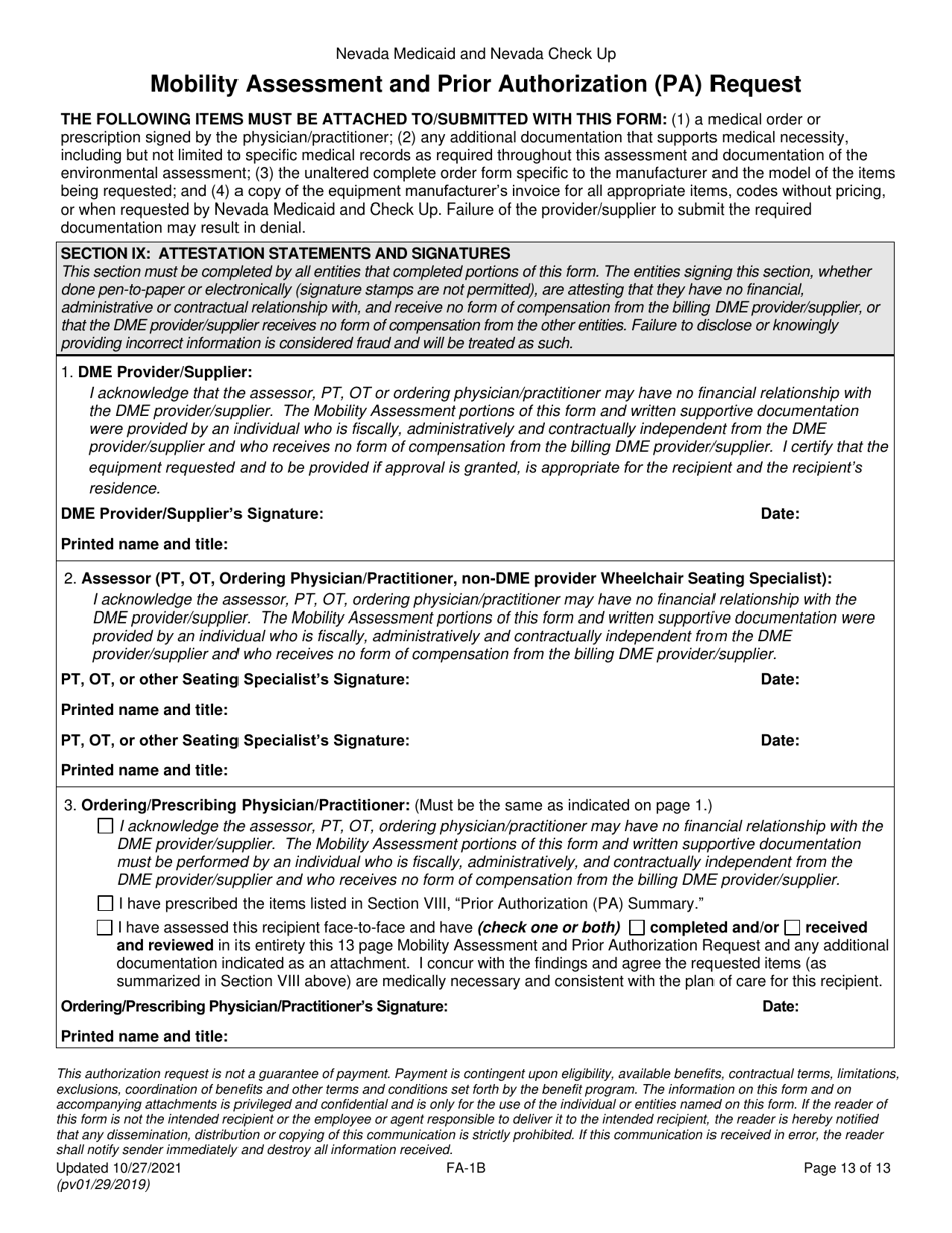 Form FA-1B Mobility Assessment and Prior Authorization (Pa) Request for Mobility Devices, Wheelchair Accessories and Seating Systems - Nevada, Page 13