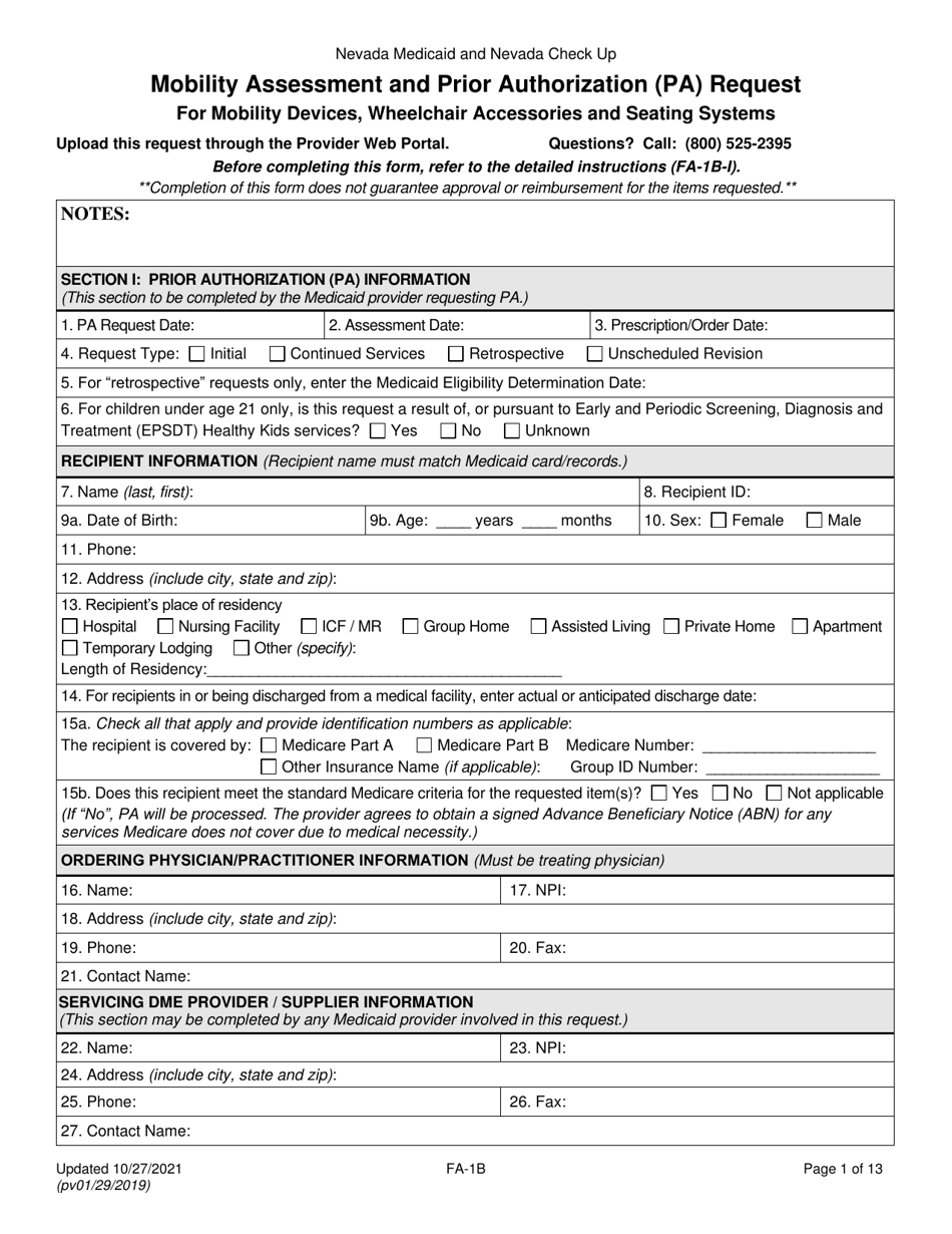 Form FA-1B Mobility Assessment and Prior Authorization (Pa) Request for Mobility Devices, Wheelchair Accessories and Seating Systems - Nevada, Page 1