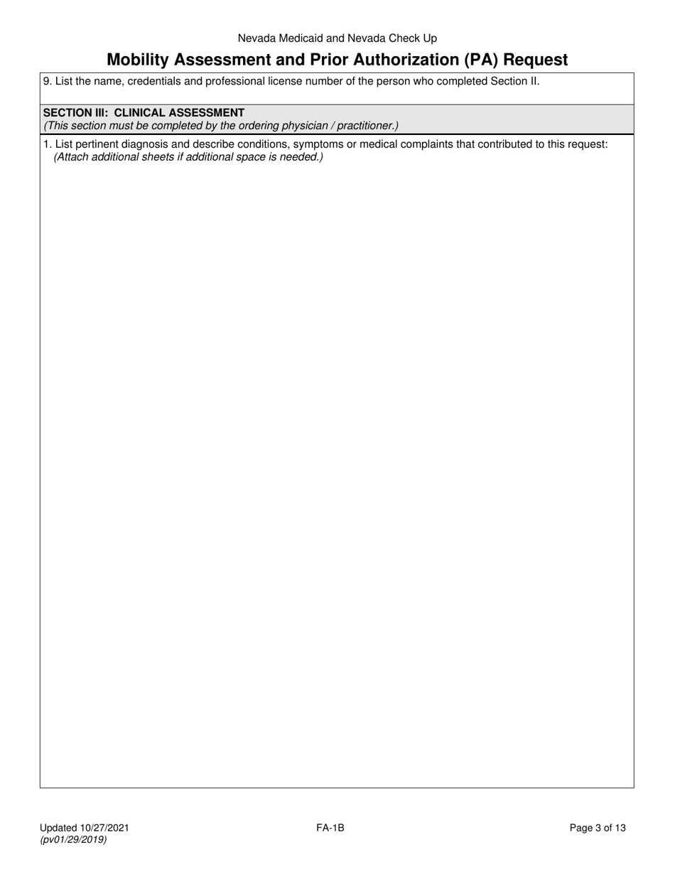 Form FA-1B Mobility Assessment and Prior Authorization (Pa) Request for Mobility Devices, Wheelchair Accessories and Seating Systems - Nevada, Page 3
