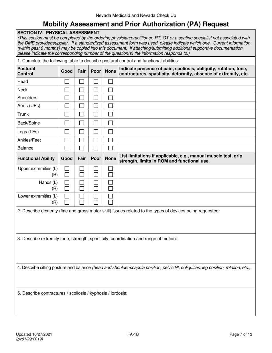Form FA-1B Mobility Assessment and Prior Authorization (Pa) Request for Mobility Devices, Wheelchair Accessories and Seating Systems - Nevada, Page 7