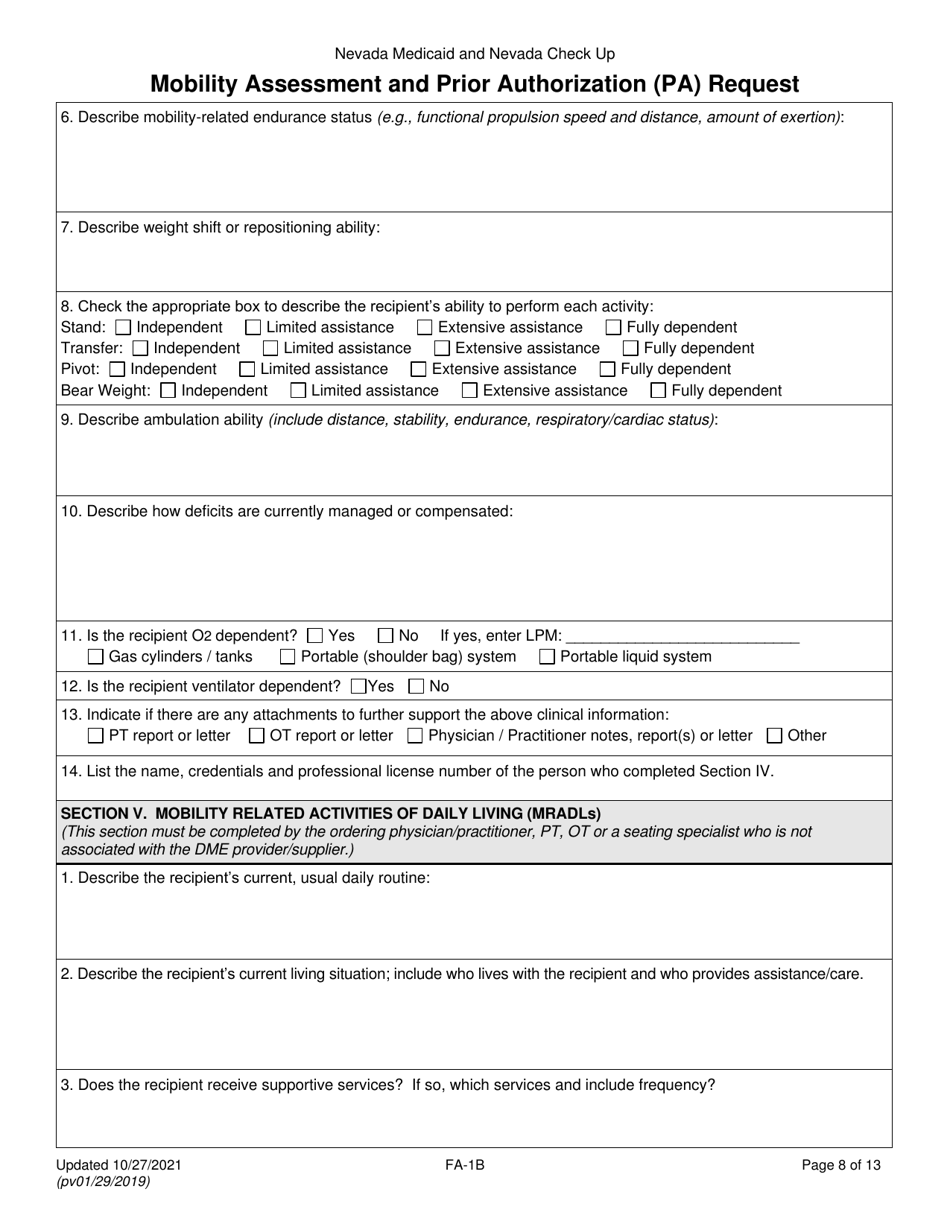 Form FA-1B Mobility Assessment and Prior Authorization (Pa) Request for Mobility Devices, Wheelchair Accessories and Seating Systems - Nevada, Page 8