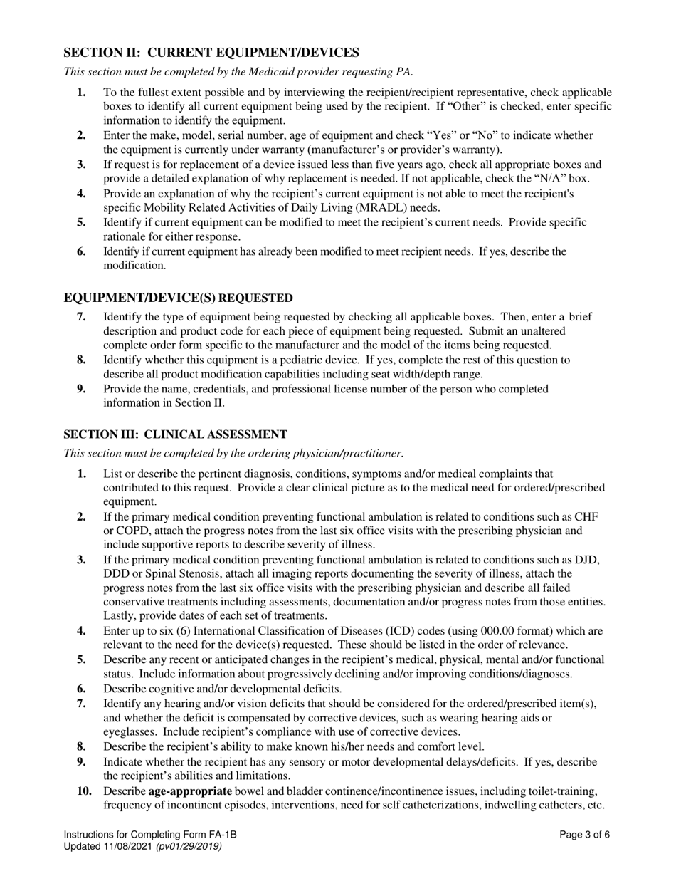 Instructions for Form FA-1B Mobility Assessment and Prior Authorization (Pa) Request for Mobility Devices, Wheelchair Accessories and Seating Systems - Nevada, Page 3