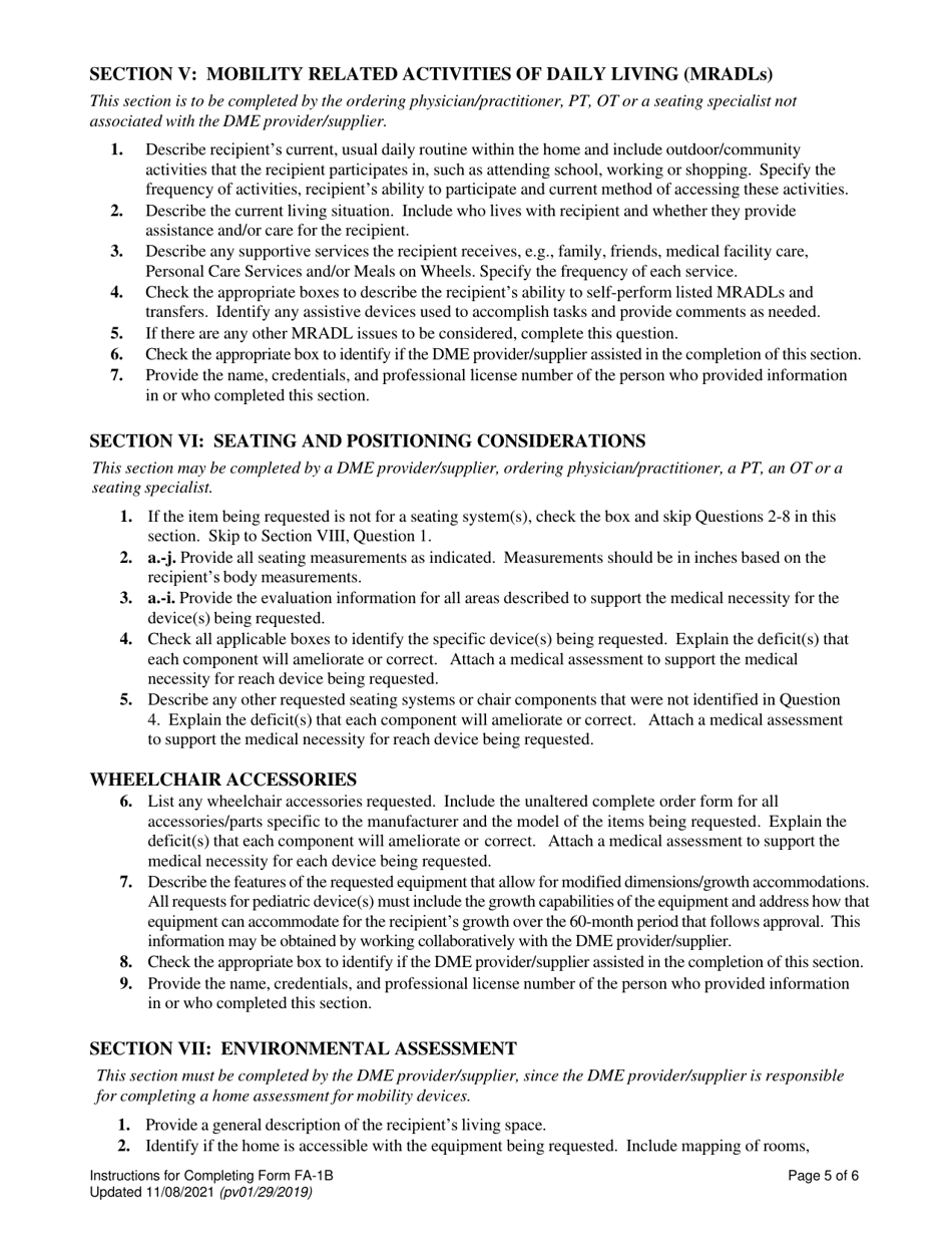 Instructions for Form FA-1B Mobility Assessment and Prior Authorization (Pa) Request for Mobility Devices, Wheelchair Accessories and Seating Systems - Nevada, Page 5