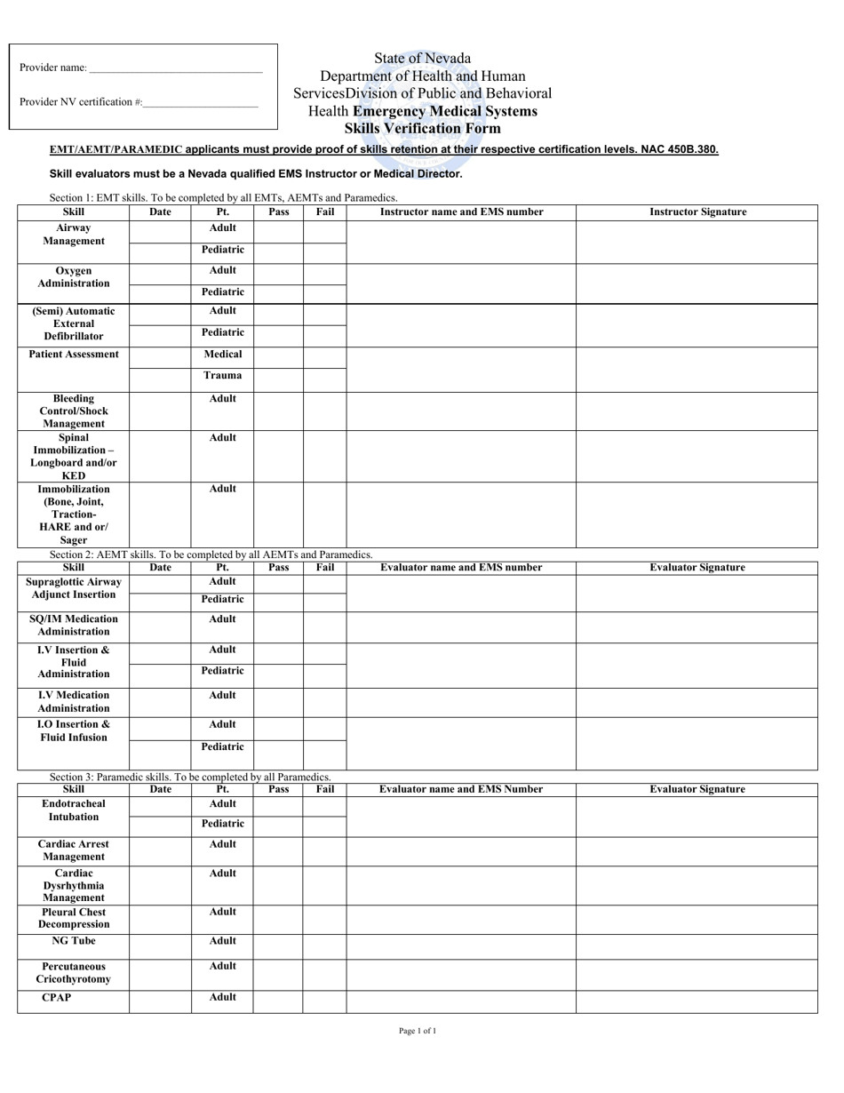 Nevada Skills Verification Form - Fill Out, Sign Online and Download ...