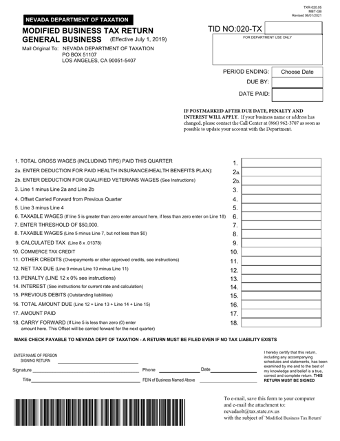 Form TXR-020.05 (MBT-GB) Modified Business Tax Return - General Business - Nevada
