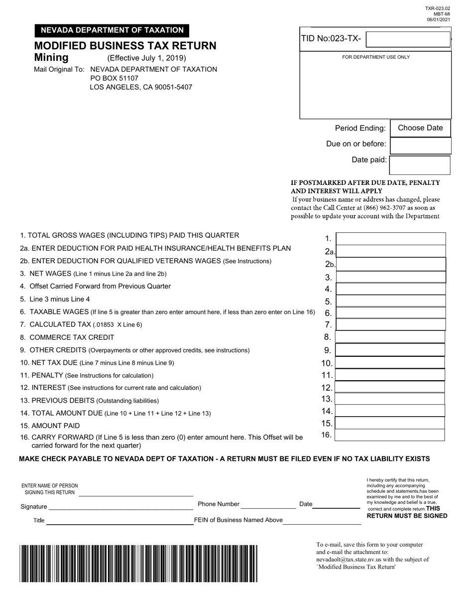 Form TXR-023.02 (MBT-MI) Modified Business Tax Return - Mining - Nevada, Page 1