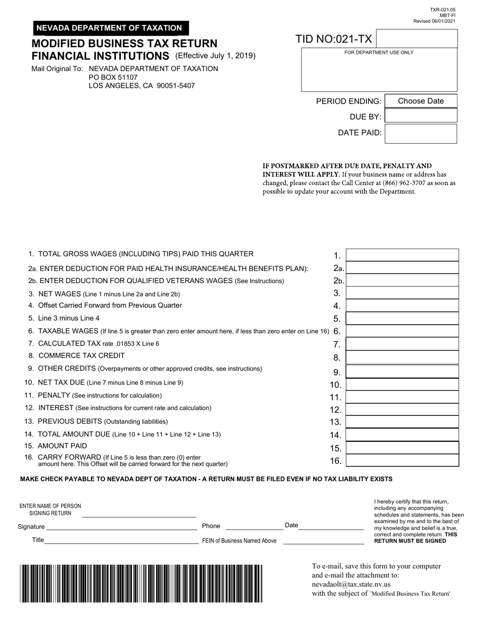Form TXR-021.05 (MBT-FI) Modified Business Tax Return - Financial Institutions - Nevada, Page 1