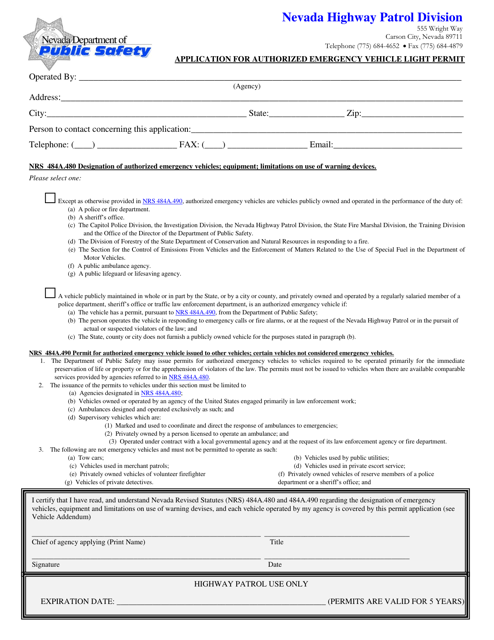 Application for Authorized Emergency Vehicle Light Permit - Nevada Download Pdf
