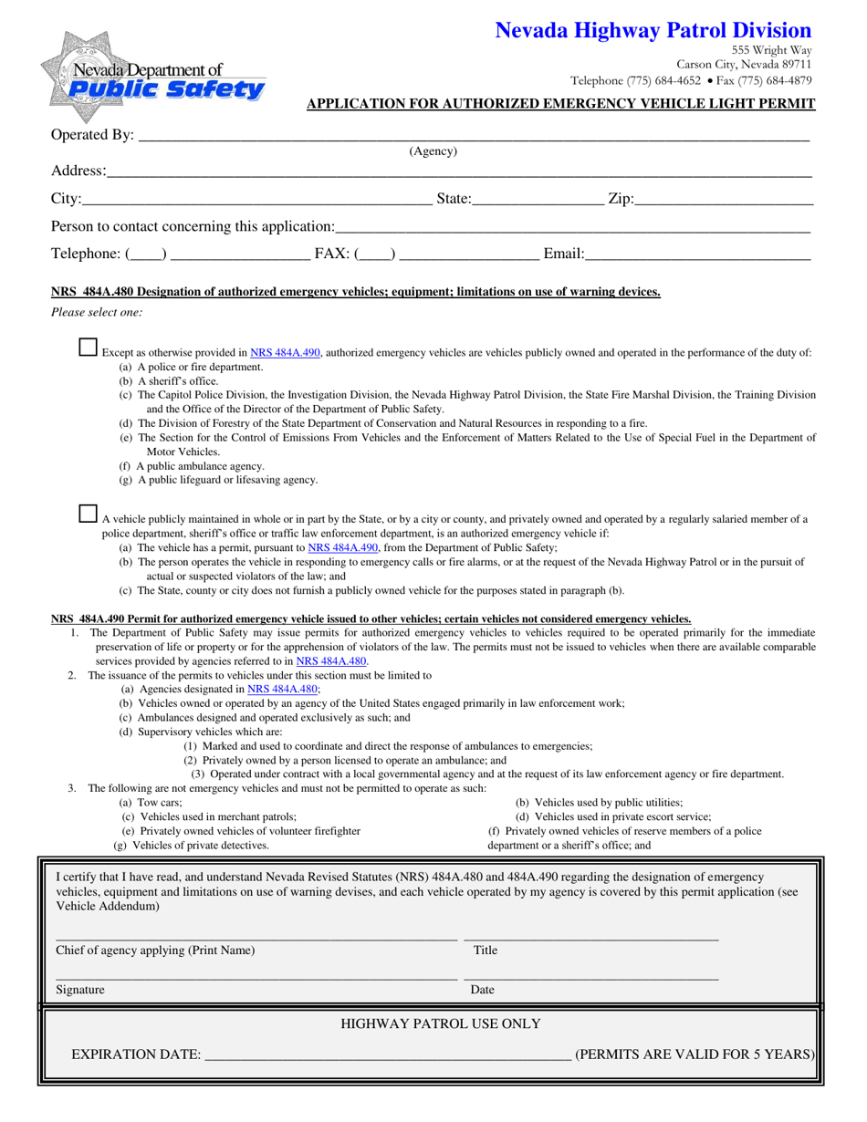 Application for Authorized Emergency Vehicle Light Permit - Nevada, Page 1
