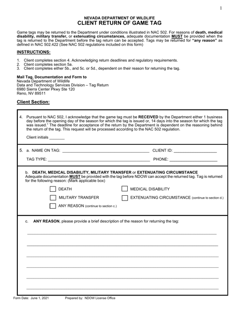 Client Return of Game Tag - Nevada Download Pdf