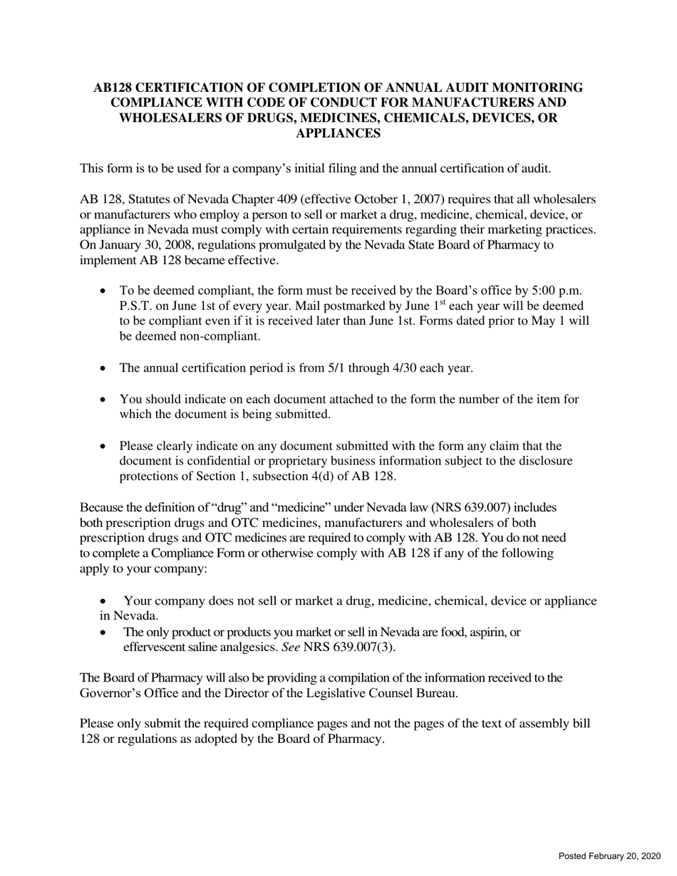 Ab128 Certification of Completion of Annual Audit Monitoring Compliance With Code of Conduct for Manufacturers and Wholesalers of Drugs, Medicines, Chemicals, Devices, or Appliances - Nevada, Page 1