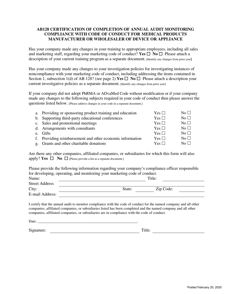 Ab128 Certification of Completion of Annual Audit Monitoring Compliance With Code of Conduct for Manufacturers and Wholesalers of Drugs, Medicines, Chemicals, Devices, or Appliances - Nevada, Page 4