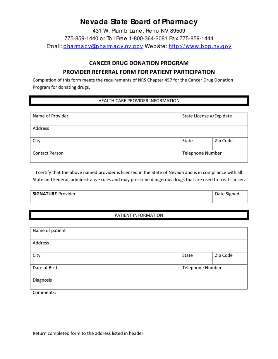 Provider Referral Form for Patient Participation - Cancer Drug Donation Program - Nevada, Page 1