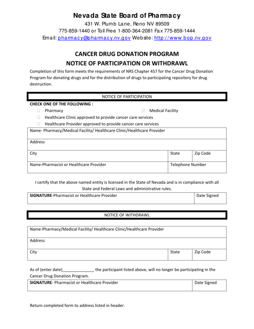Notice of Participation or Withdrawl - Cancer Drug Donation Program - Nevada Download Pdf