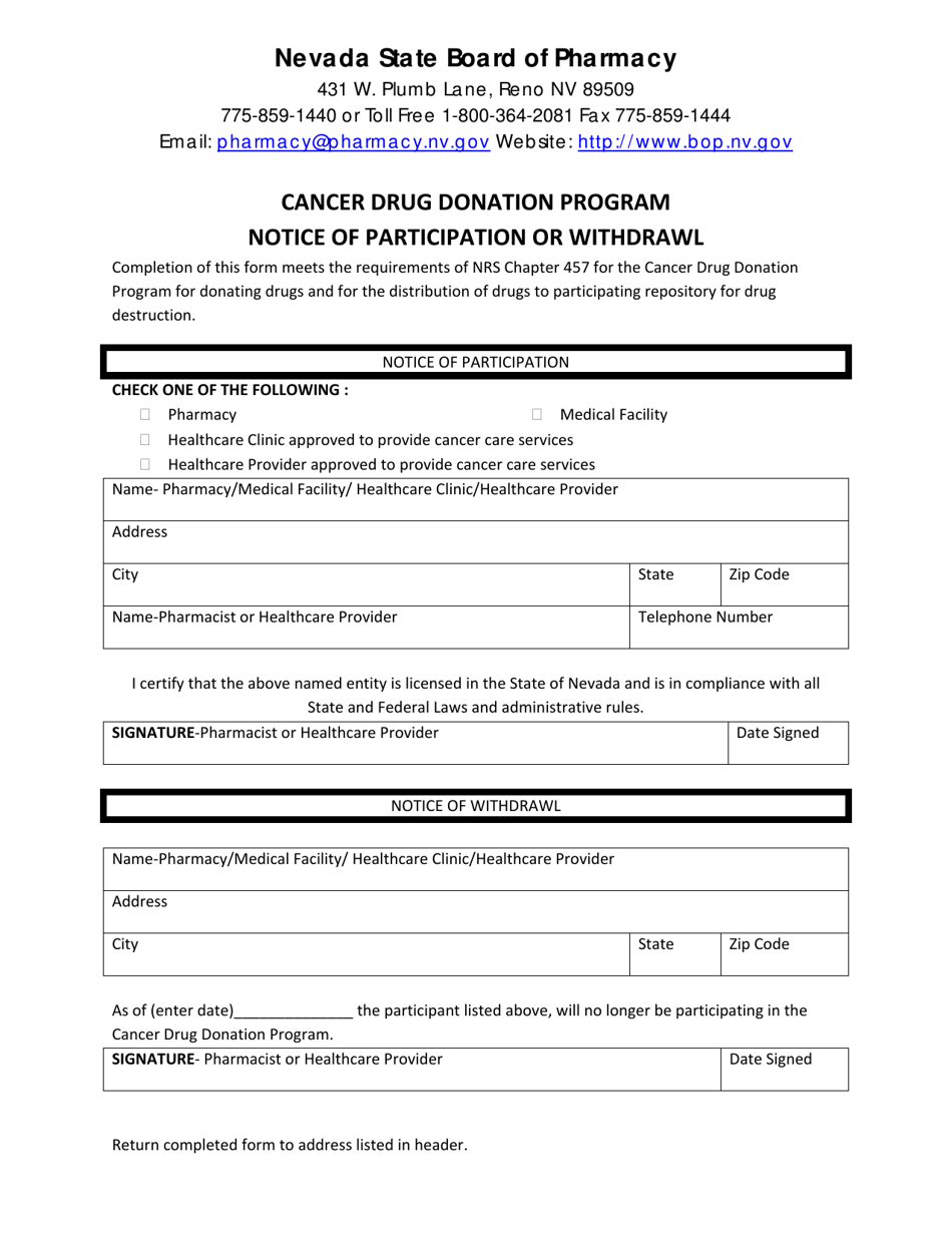 Notice of Participation or Withdrawl - Cancer Drug Donation Program - Nevada, Page 1