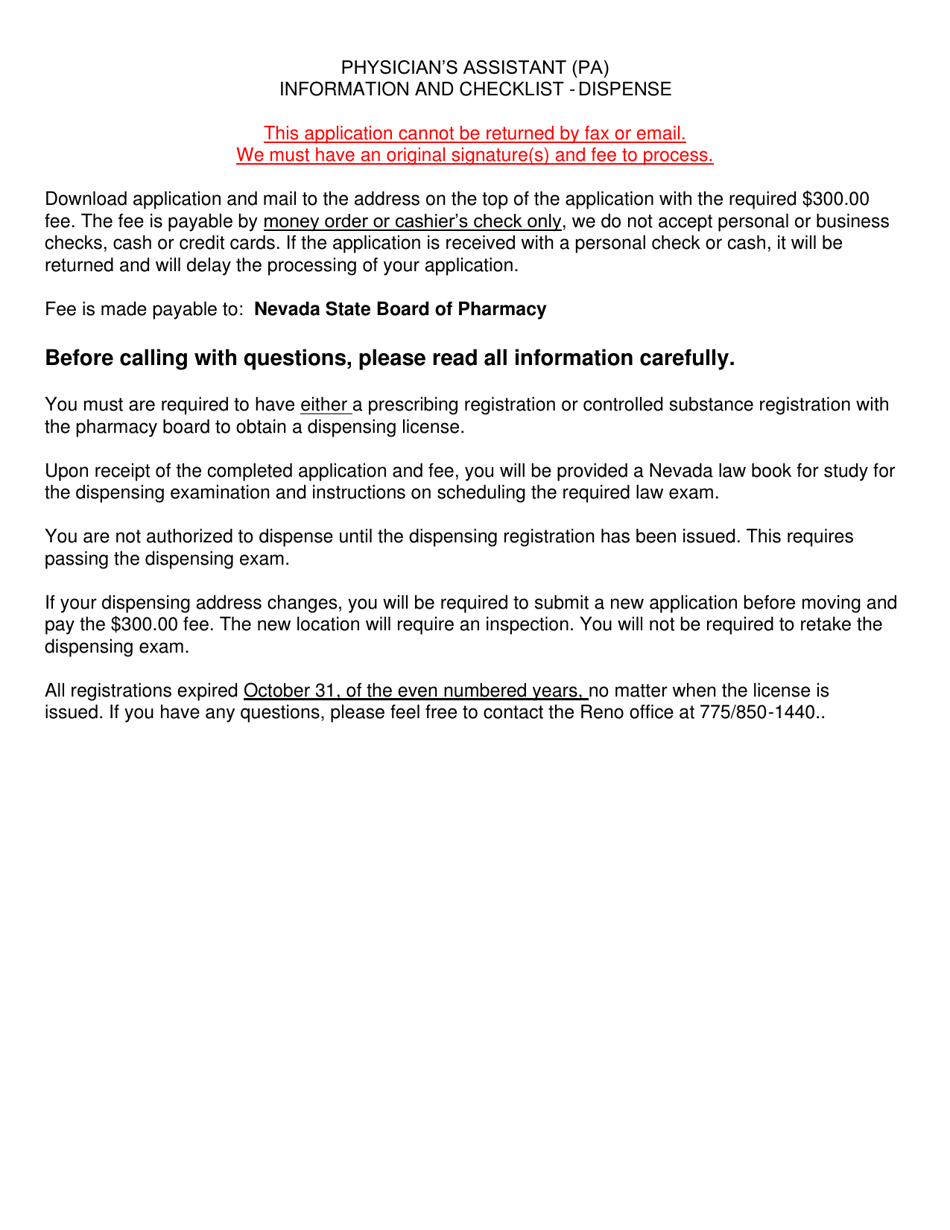 Nevada Application for Physician's Assistant Dispense Fill Out