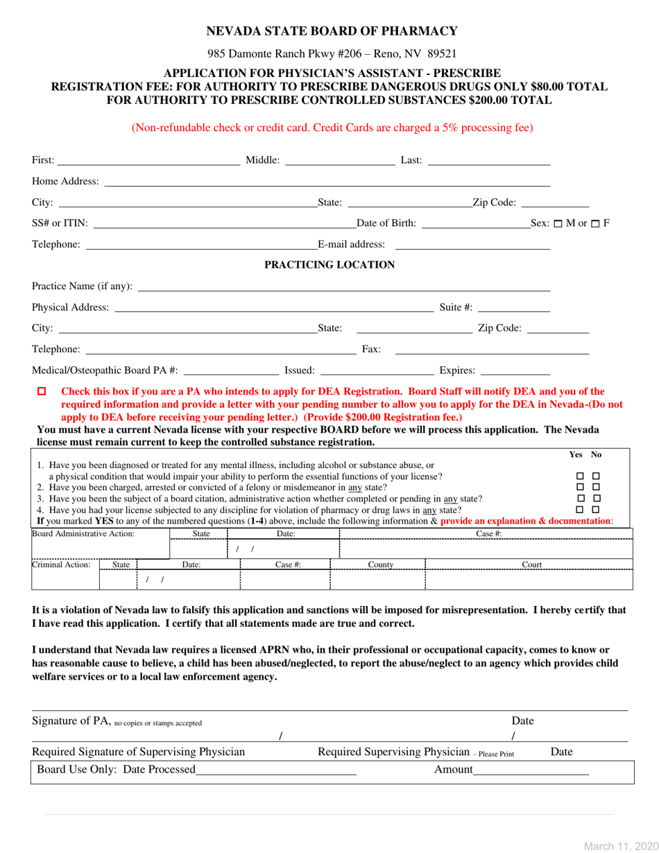 Application for Physicians Assistant - Prescribe - Nevada, Page 2