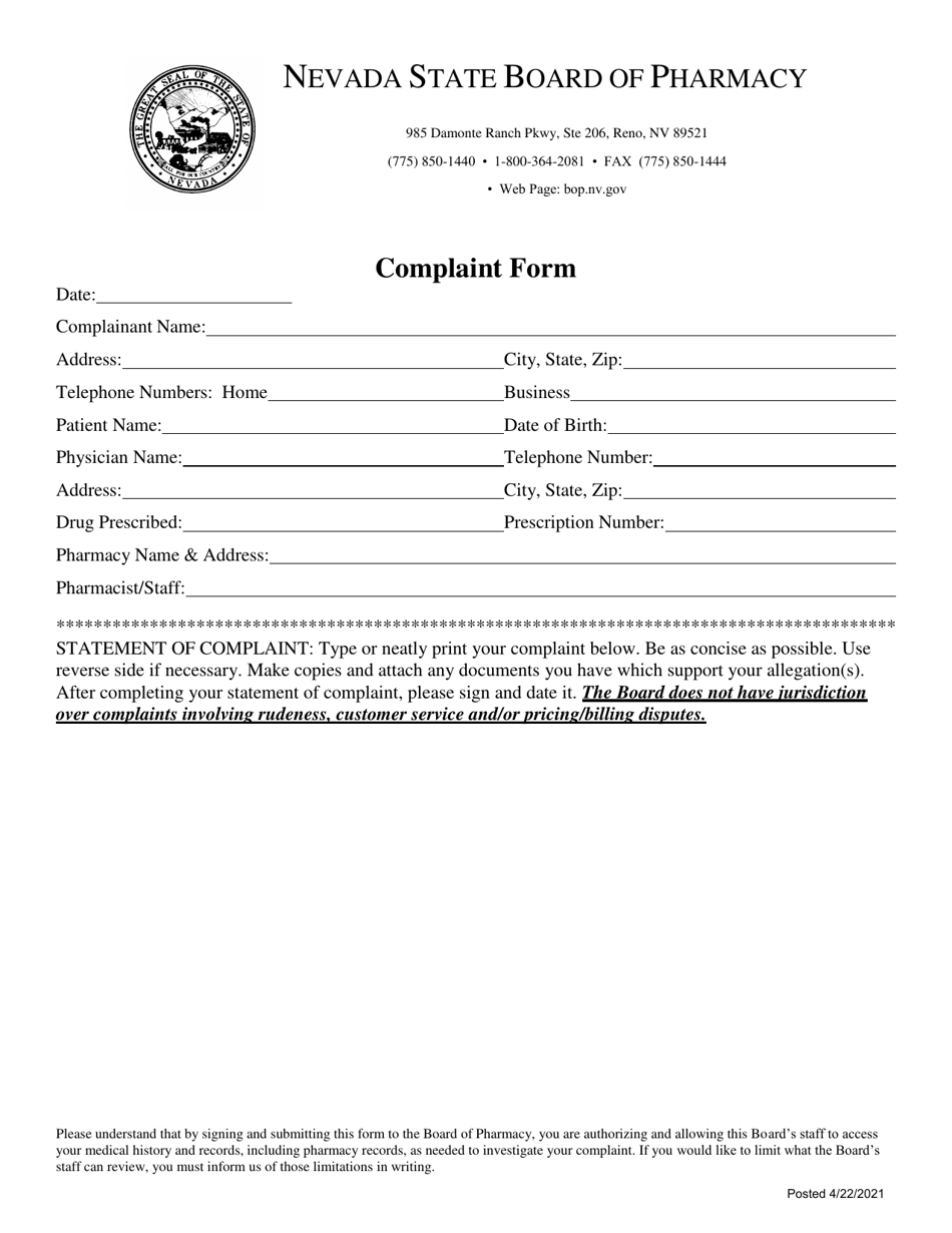 Pharmacy Complaint Form - Nevada, Page 1