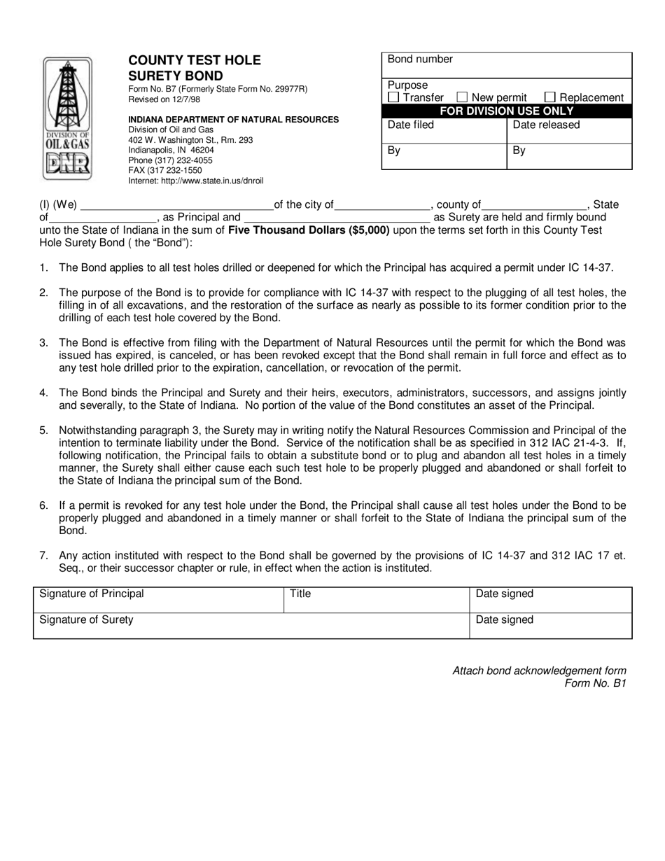Form B7 County Test Hole Surety Bond - Indiana, Page 1