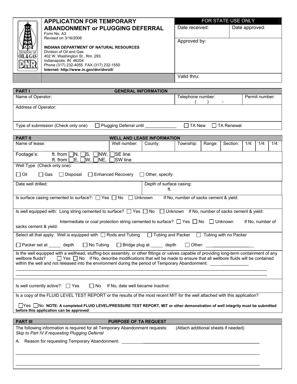 Form A3 Application for Temporary Abandonment or Plugging Deferral - Indiana, Page 1