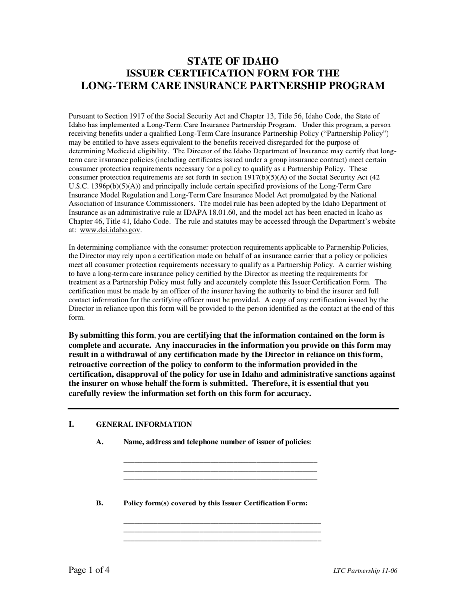 Issuer Certification Form for the Long-Term Care Insurance Partnership Program - Idaho, Page 1
