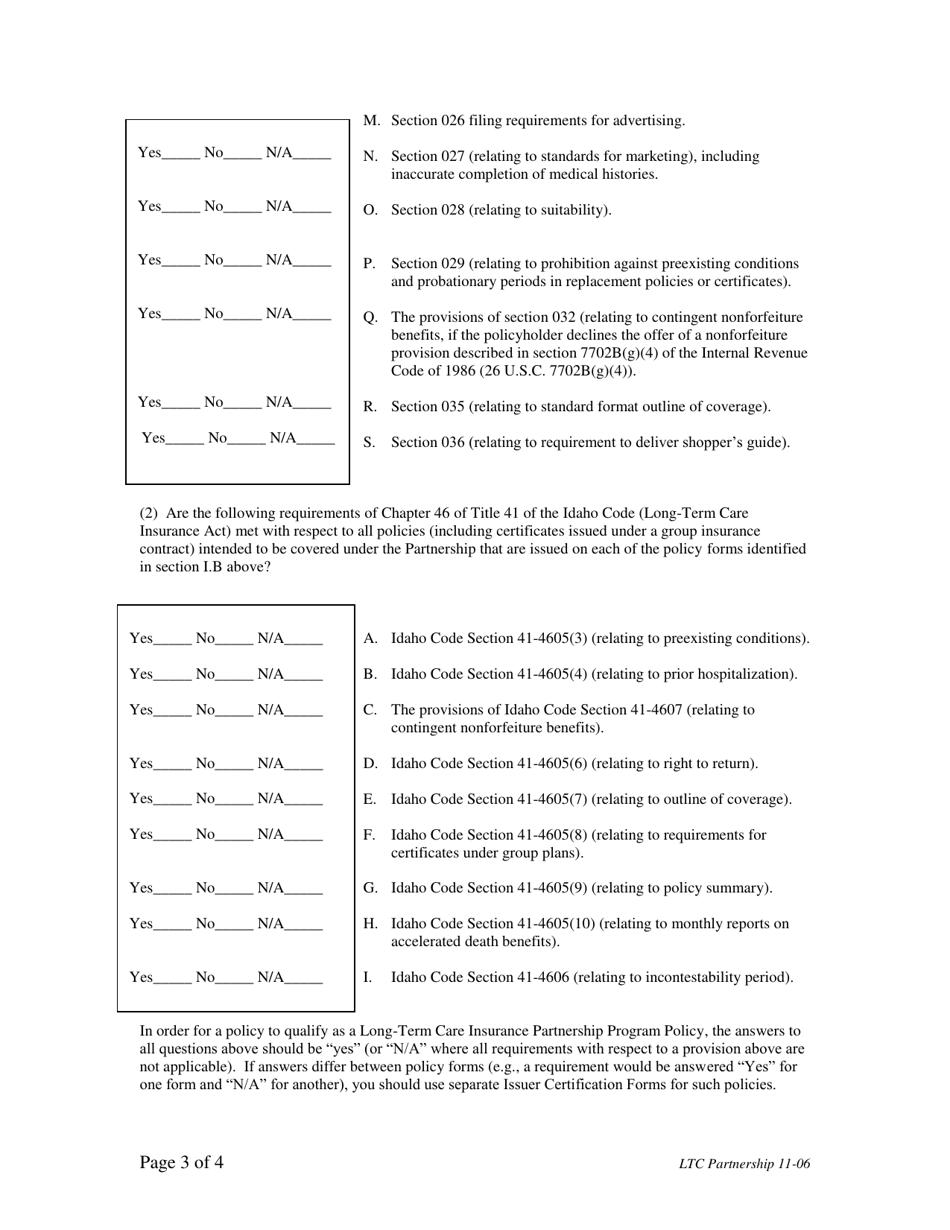 Issuer Certification Form for the Long-Term Care Insurance Partnership Program - Idaho, Page 3