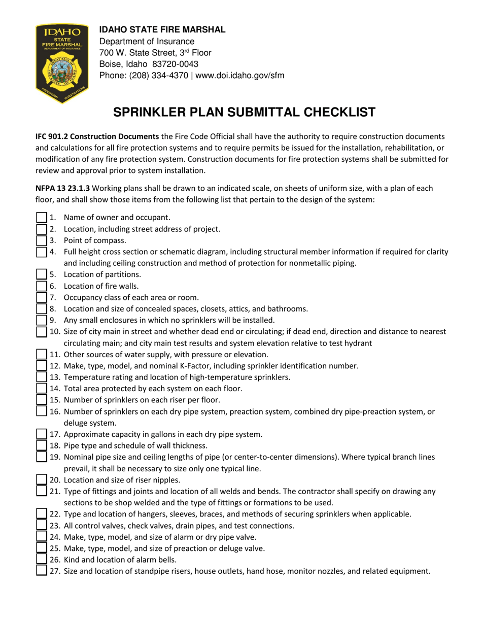Sprinkler Plan Submittal Checklist - Idaho, Page 1