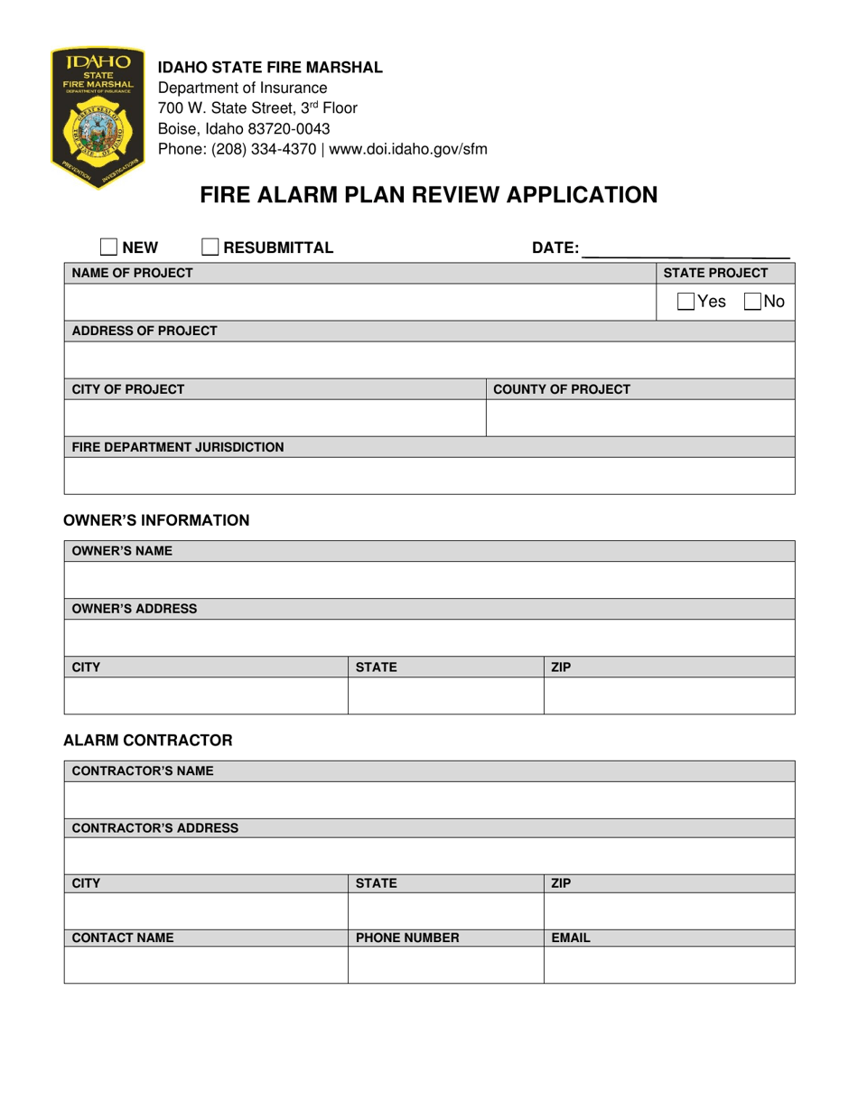 Fire Alarm Plan Review Application - Idaho, Page 1