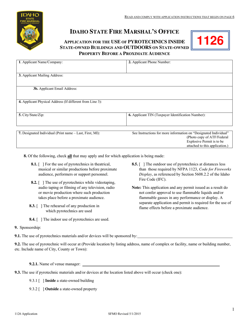 Application for the Use of Pyrotechnics Inside State-Owned Buildings and Outdoors on State-Owned Property Before a Proximate Audience - Idaho, Page 1