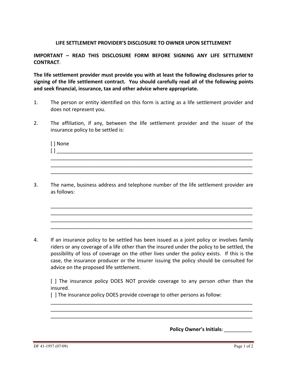 Form DF41-1957 Life Settlement Providers Disclosure to Owner Upon Settlement - Idaho, Page 1