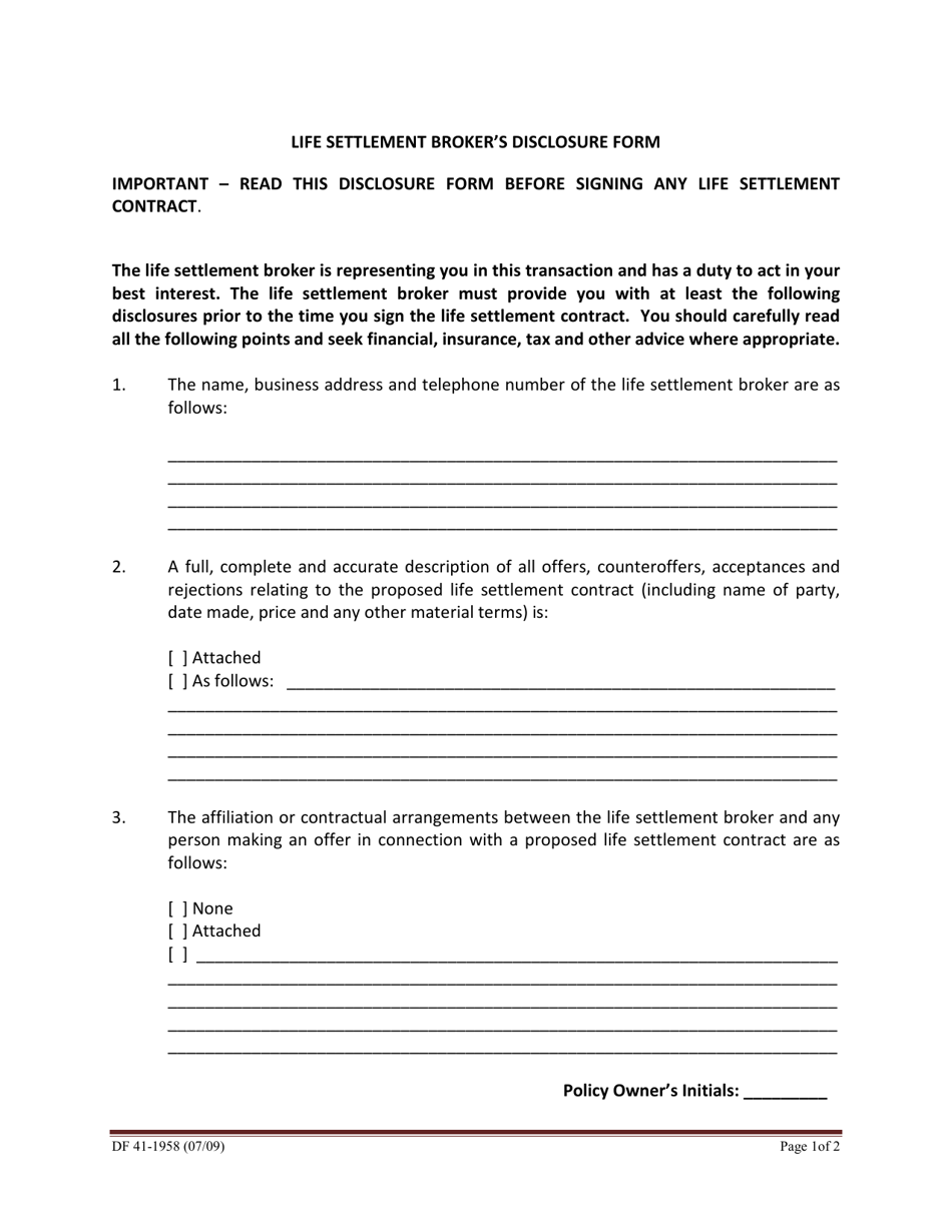 Form DF41-1958 Life Settlement Brokers Disclosure Form - Idaho, Page 1