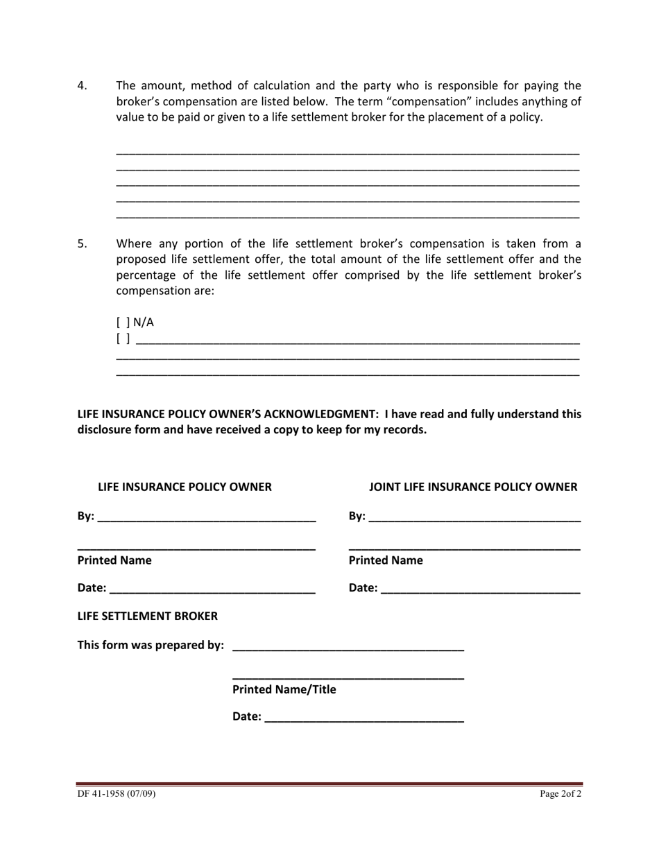 Form DF41-1958 Life Settlement Brokers Disclosure Form - Idaho, Page 2