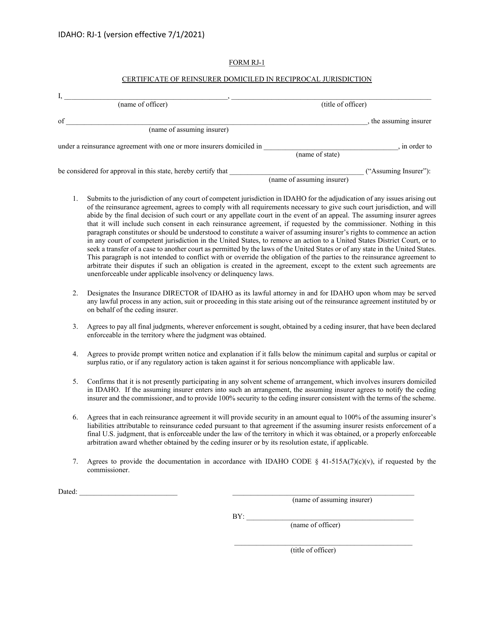 Form RJ-1 Certificate of Reinsurer Domiciled in Reciprocal Jurisdiction - Idaho