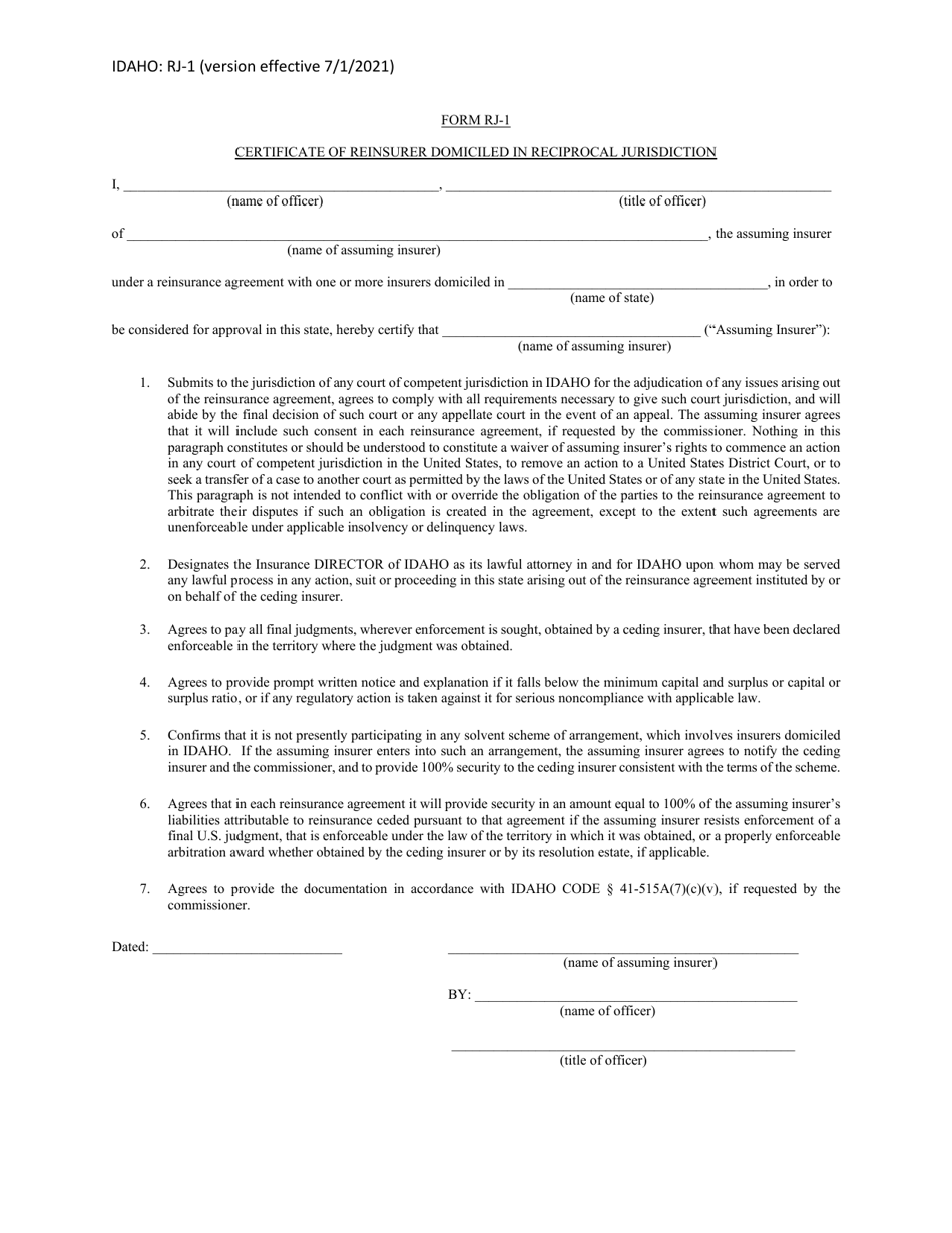 Form RJ-1 Certificate of Reinsurer Domiciled in Reciprocal Jurisdiction - Idaho, Page 1