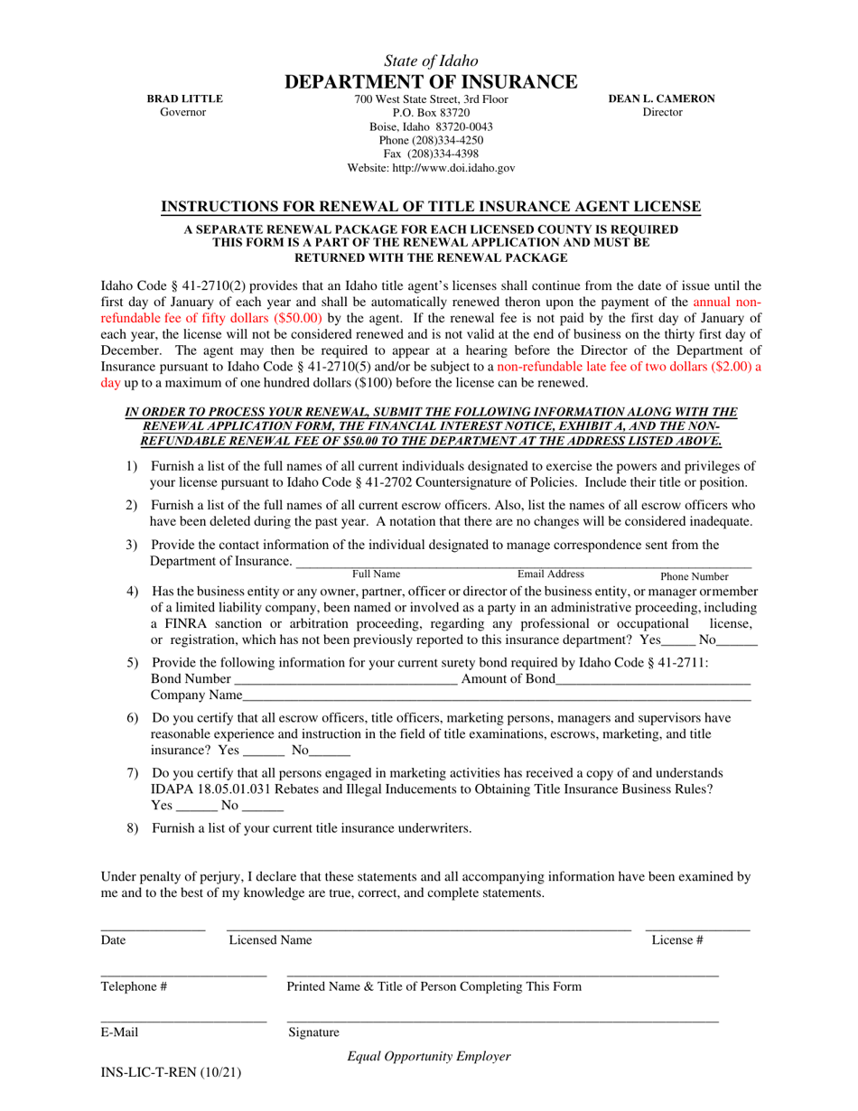Renewal Application for Title Insurance Agent License - Idaho, Page 1