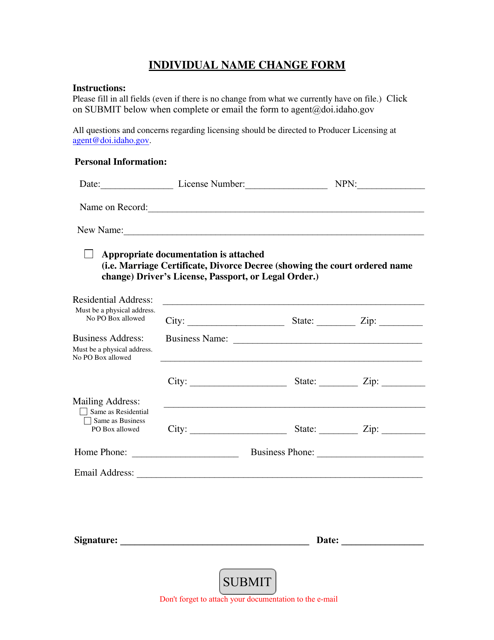 Individual Name Change Form - Idaho Download Pdf