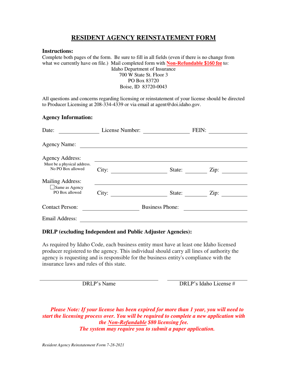 Resident Agency Reinstatement Form - Idaho, Page 1