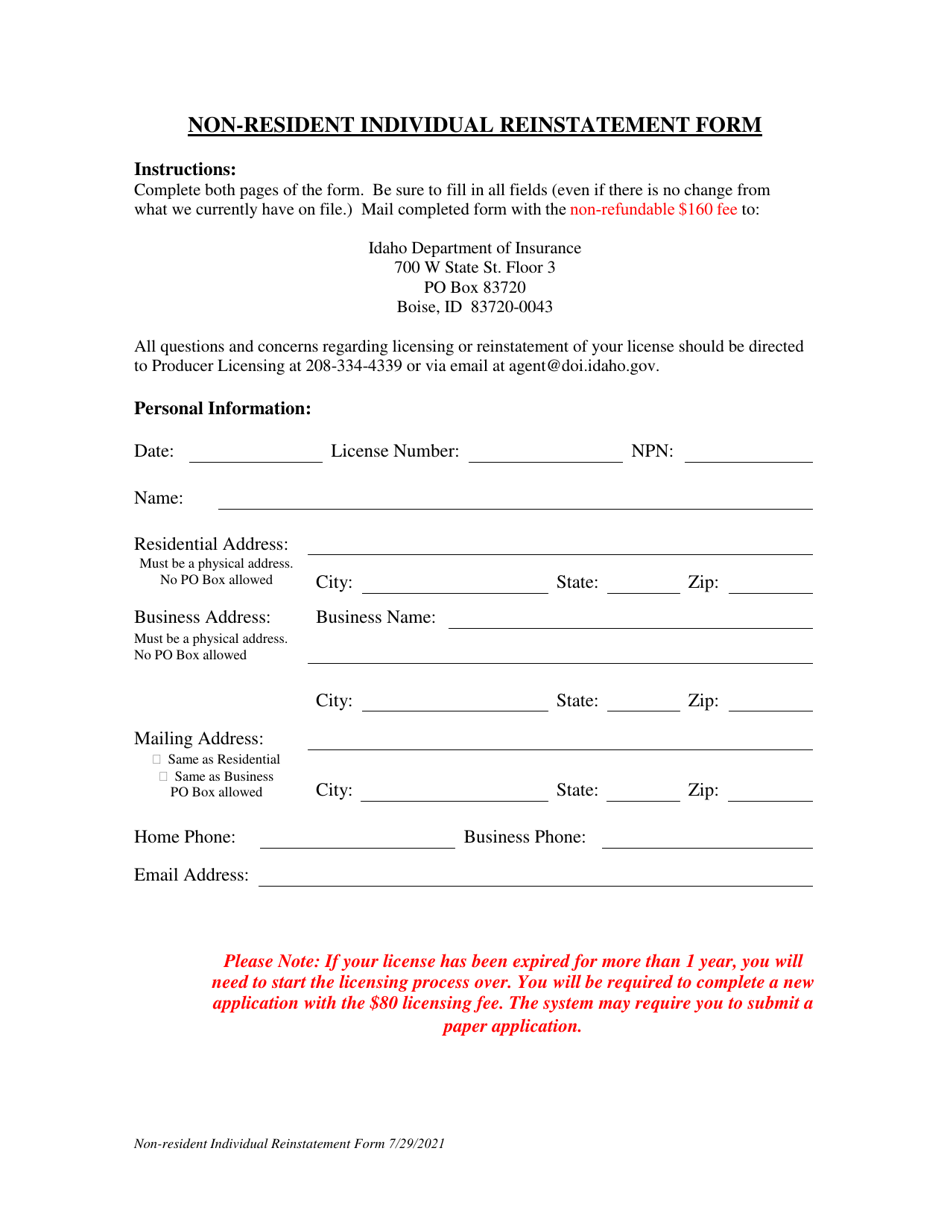 Non-resident Individual Reinstatement Form - Idaho, Page 1